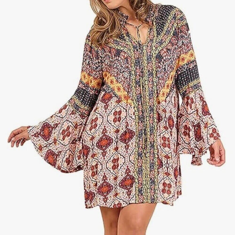 Umgee Daydream Believer Berry Multi-Print Trumpet Sleeve Dress Size Small